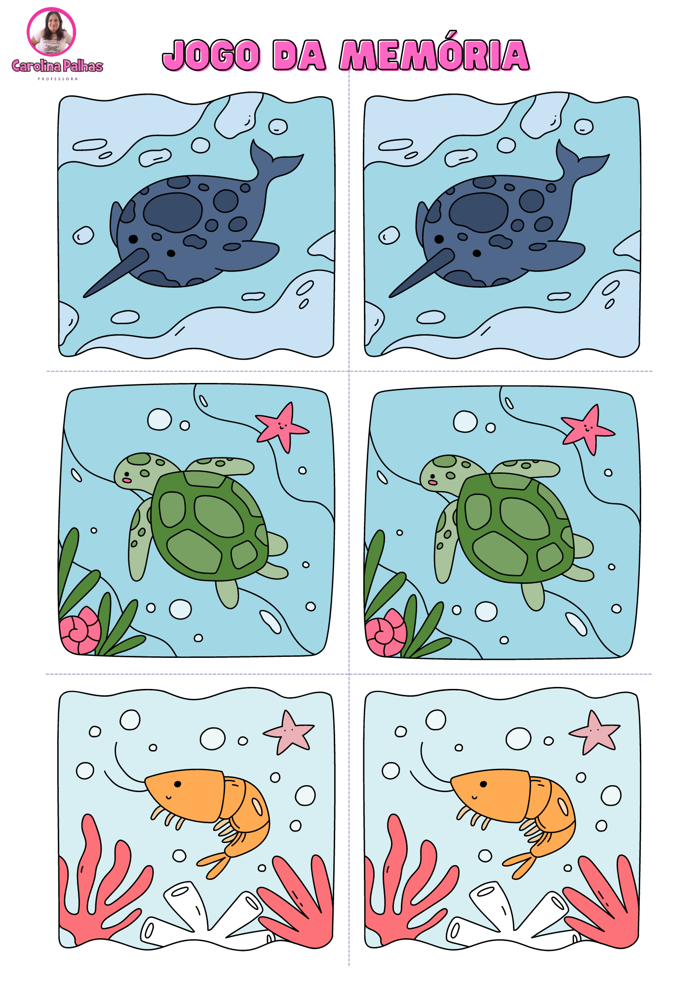 Jogo da memória com animais marinhos para colorir