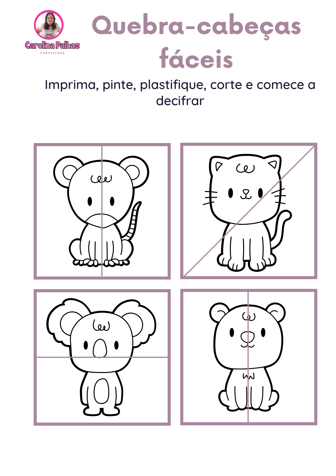 Quebra cabeças para colorir animais - Professora Carolina Palhas