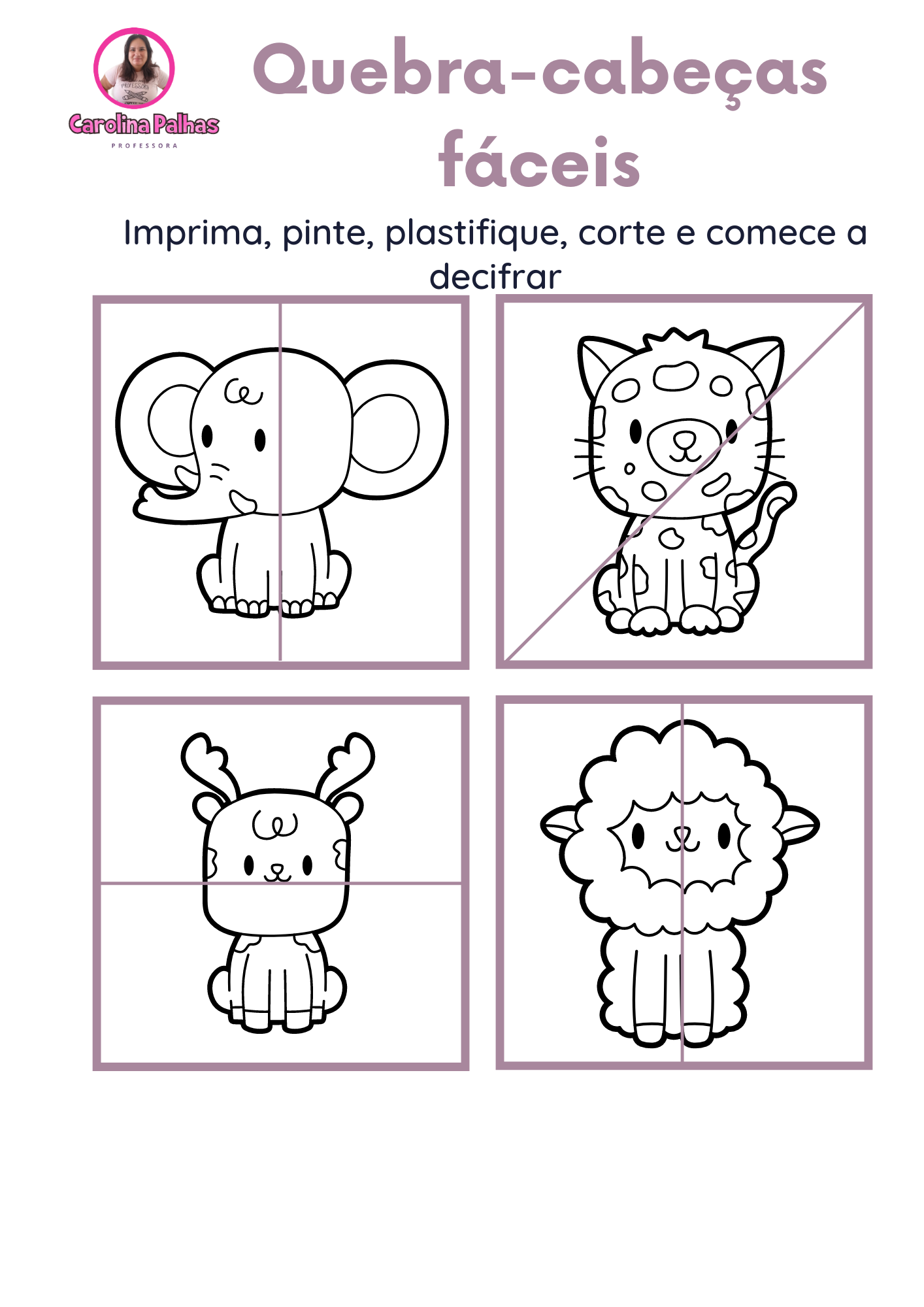 Quebra cabeças para colorir animais - Professora Carolina Palhas