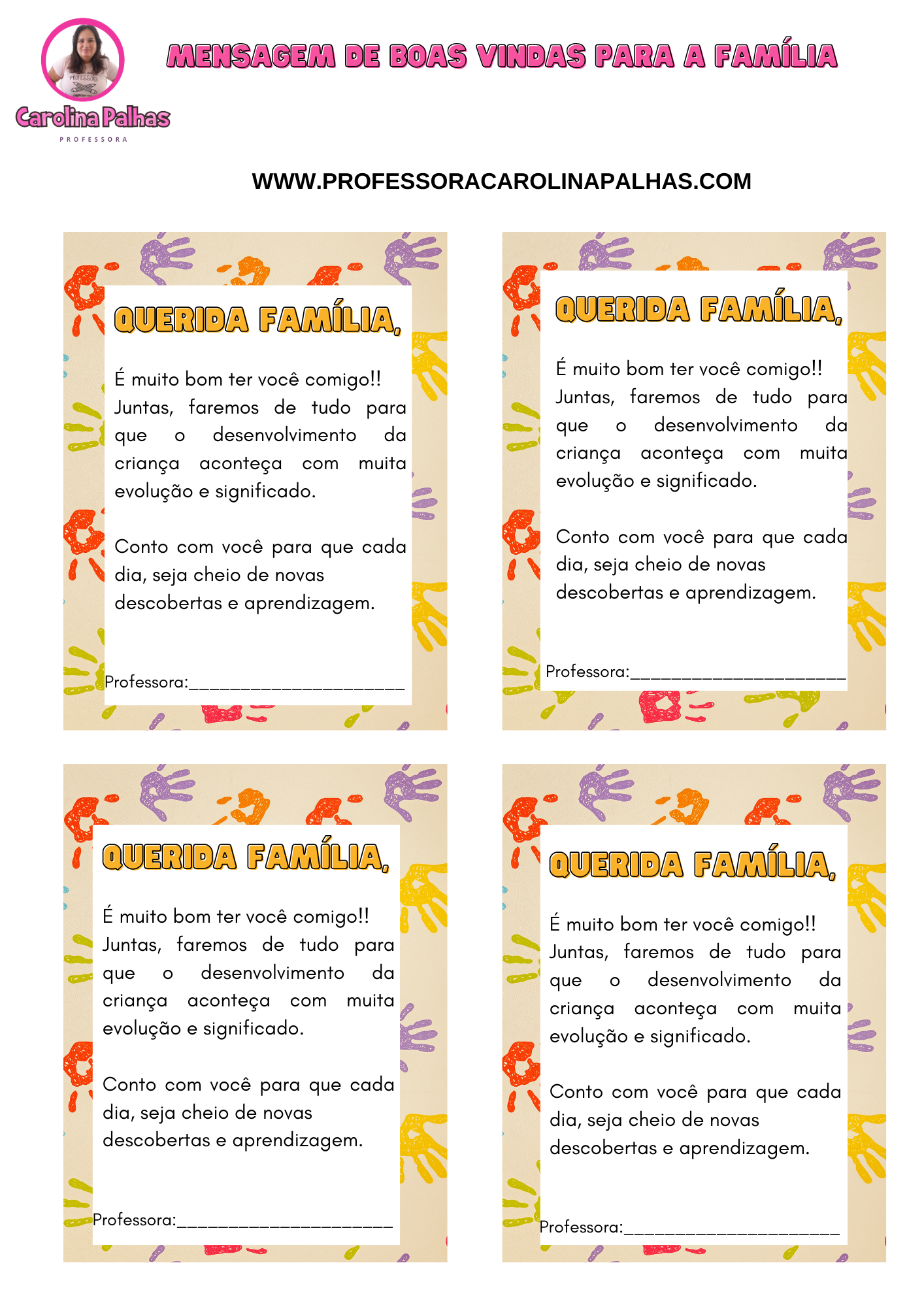 Cartão Mensagem Para Imprimir E Utilizar Na Reunião De Pais. - Professora  Carolina Palhas