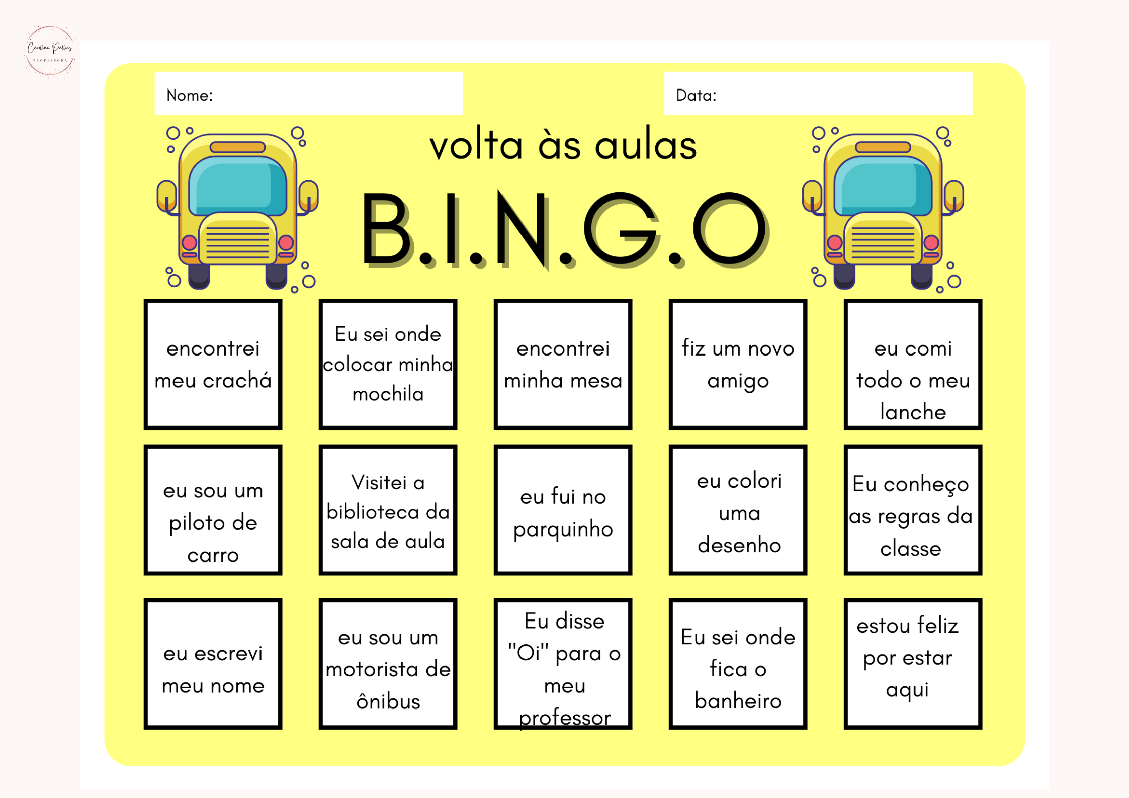 Jogo do bingo com o tema volta às aulas 2022 - Professora Carolina Palhas