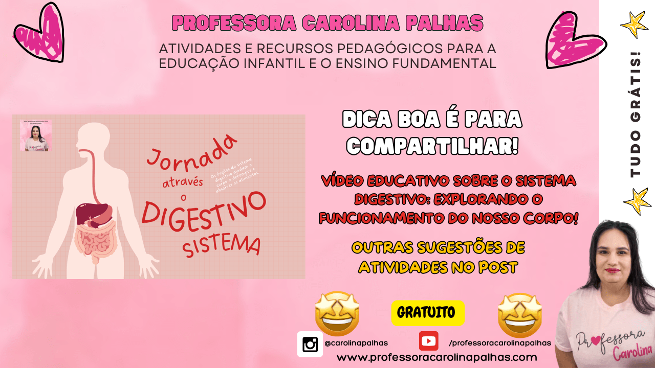 VÍDEO EDUCATIVO SOBRE O SISTEMA DIGESTIVO: EXPLORANDO O FUNCIONAMENTO DO  NOSSO CORPO! - Professora Carolina Palhas, image size:1280x720